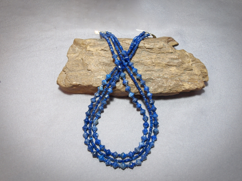 NC1125 - 3 strand Necklace 4 mm faceted Rondelle Lapis, Bi-Cone Lapis, sterling silver toggle - $225.00