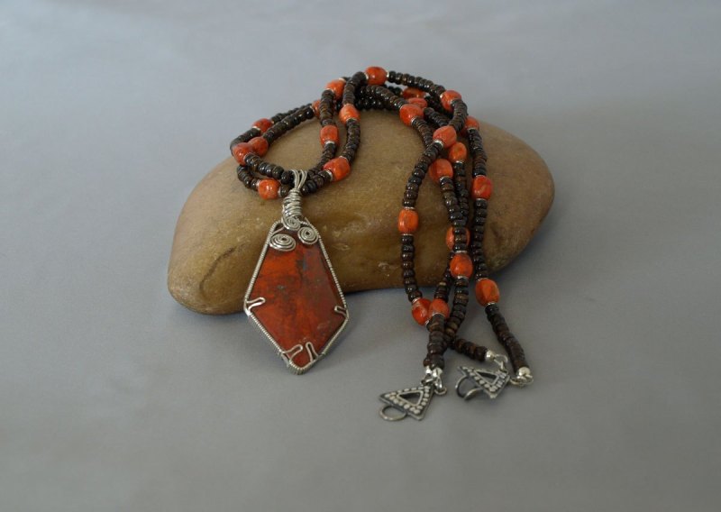 2 Strand Bronzite & Sponge Coral Necklace with Sterling Silver Wired wrapped Cuprite stone 22 in