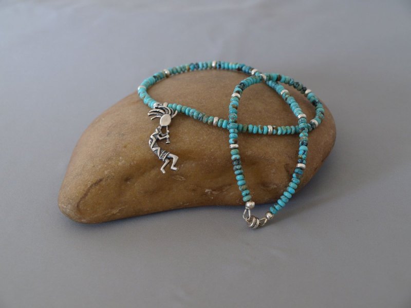 US Turquoise with Sterling silver spacers and Sterling silver Kokopelli 17.5 in.