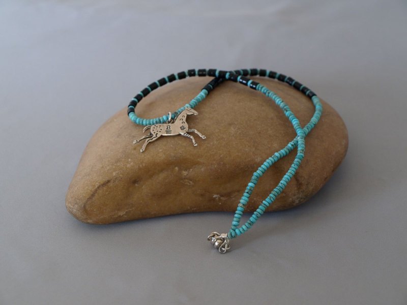 US Turquoise, Black Jade & Sterling Silver Horse Necklace 22 in.