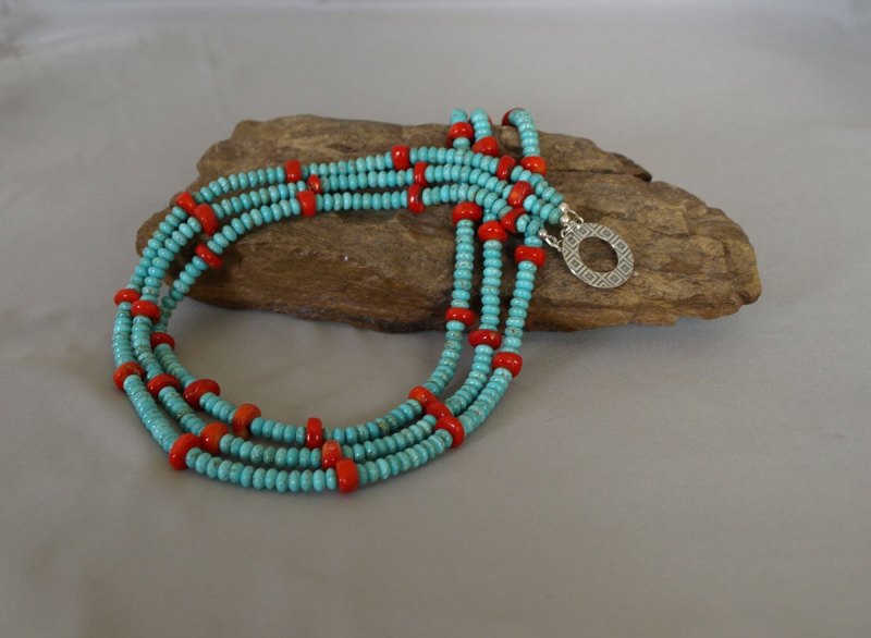 3 Strand US Turquoise & Coral Necklace  20 in.