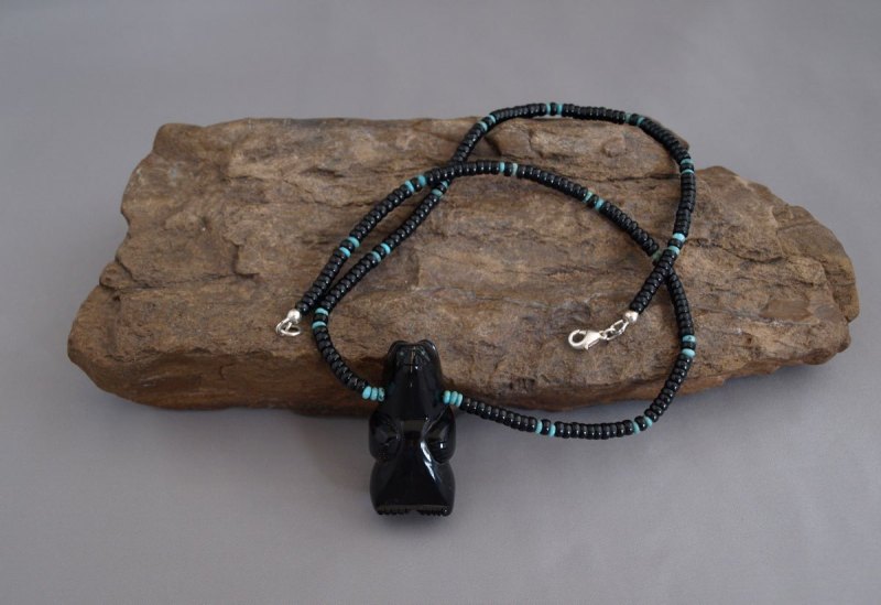 Black Jade & US Turquoise Necklace with Onyx Bear Totem 19 in.