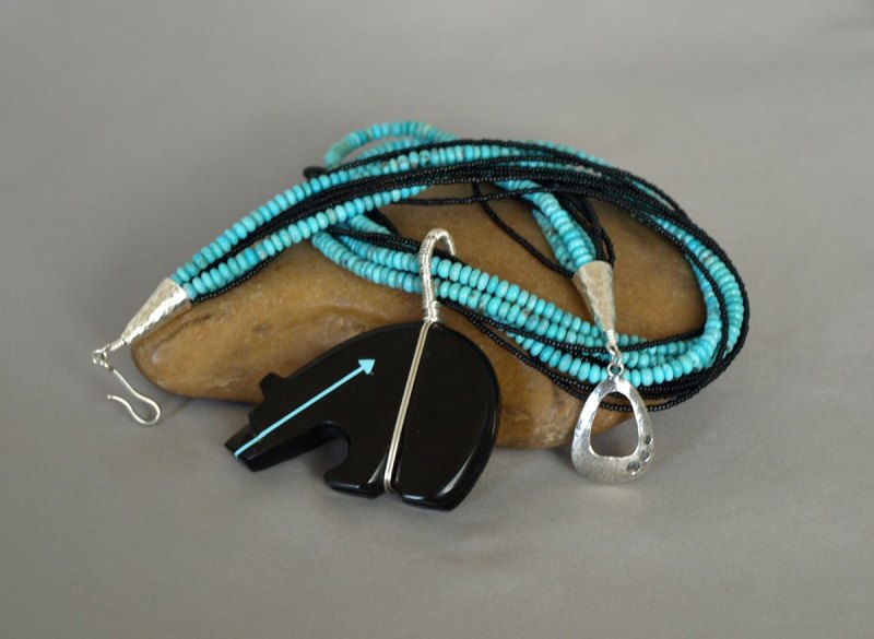 9 Strand US Turquoise & Charlette seed beads Necklace with Sterling Silver Wrapped Fetish Bear 21.5 in