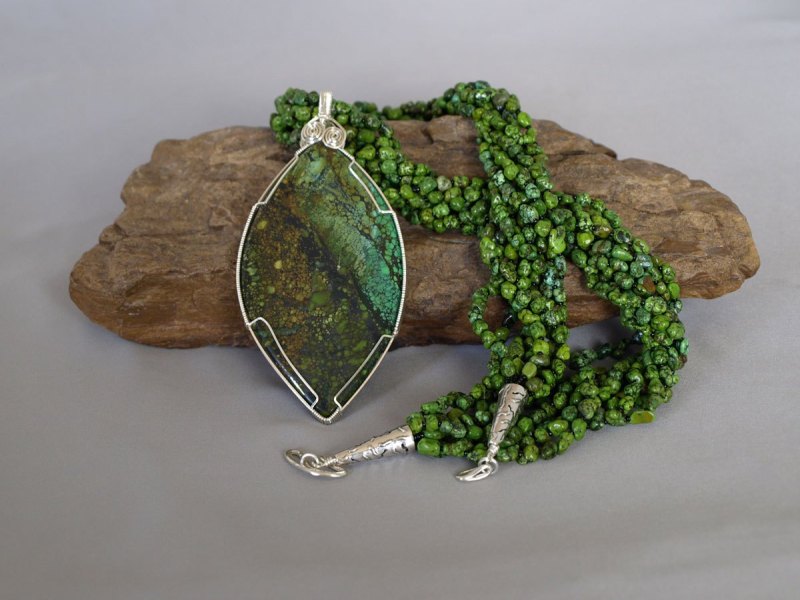 9 Strand Green US Turquoise Necklace with Removable Green Chinese Turquoise Hand wrapped Pendent 24.5 in.