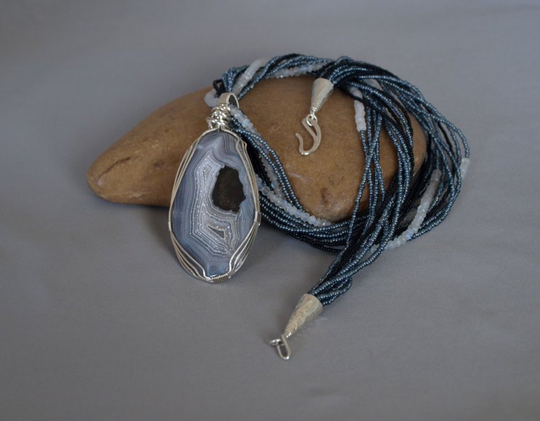 11 Strand Moonstone with  Black & Gray Seed Beads Necklace with Removable Hand Wrapped Pendent 22.5 in.