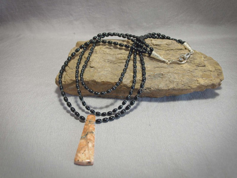3 strand necklace 4x6 Rice Onyx, light grey seed beads, Orange Sodalite Pendent, Sterling silver cones and clasp - 20 in + 2 in pendent $150.00