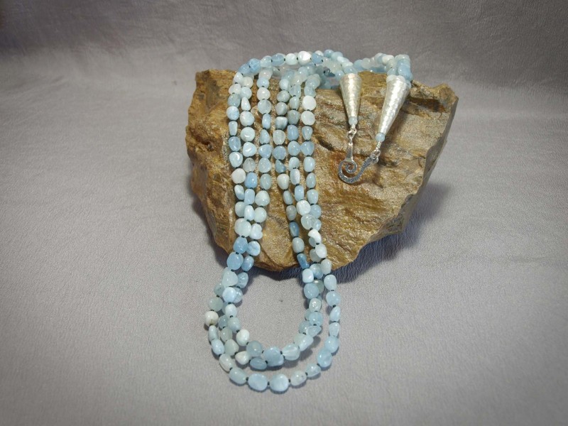 3 strand necklace Aquamarine chunks, Black matte seed beads, Sterling silver cones and clasp - 26 in