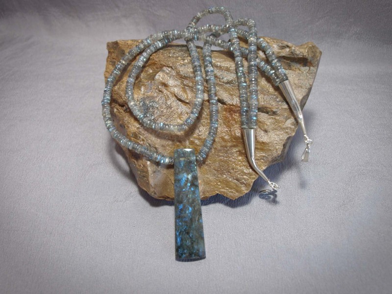 2 strand necklace Rondell Labradorite and Labradorite pendent, Sterling silver cones and clasp - 22 in + 2 in pendent