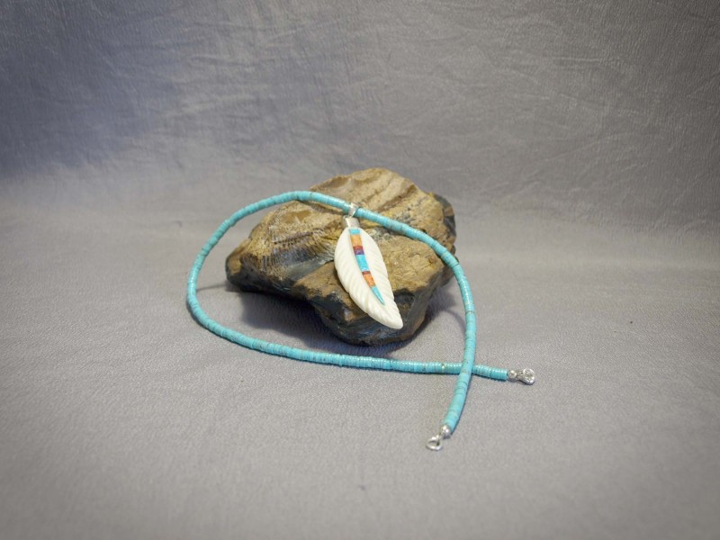 Single strand necklace Turquoise Heishi, Bone Feather with Turquoise, Coral, and Orange Spiney Oyster Inlay, and Sterling silver Lobster clasp - 17 in