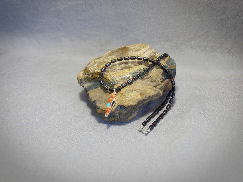 Single strand necklace Onyx barrels, Orange seed beads, small Inlay Pendent (Turquoise, Coral. Onyx, Orange Spiney Oyster), and Sterling silver Lobster clasp - 16 in