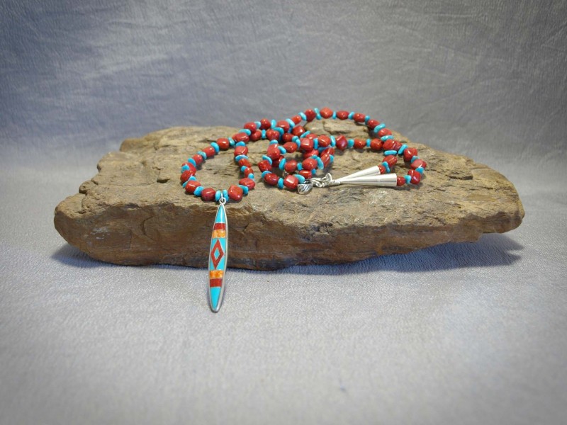 Single Strand necklace Diamond shape Apple Coral, Castle Dome Turquoise, Inlay pendent (Turquoise, Apple Coral, Orange Spiny Oyster), Sterling silver cones and clasp - 24 in + 2 in Pendent