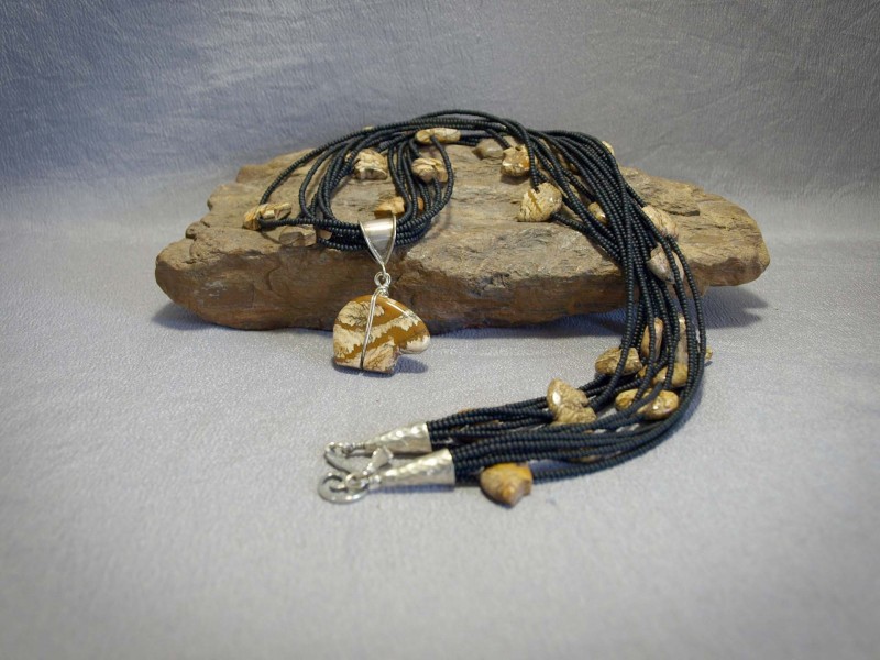 7 Strand necklace Black seed beads, Jasper Bear fetishes, Jasper Bear pendent, Sterling silver components and clasp - 30 in + 2 in pendent Necklace is $160.00