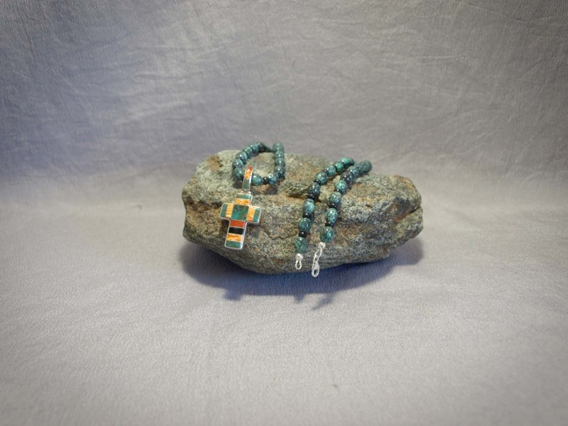 Single strand necklace large Rice Green Turquoise, Cross Inlay pendent (Onyx, Coral, Spiney Oyster, Green Turquoise), and Sterling silver Lobster clasp - 20 in +1.5 in pendent
