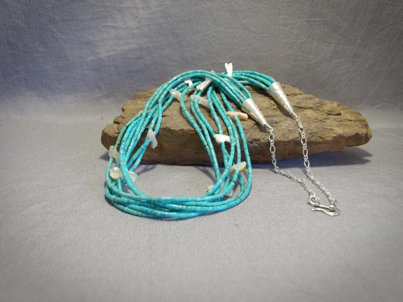 7 strand necklace Turquoise Heishi, Mother of Pearl Fetish Birds, Sterling silver cones, chain, components and clasp - Adjustable 22 in to 25 in Necklace is $395.00
