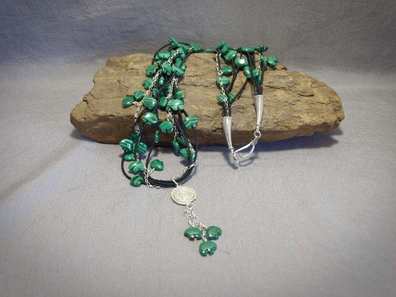 5 strand necklace Malachite Fetish bears, Black matte seed beads, Sterling silver chain, cones, components and clasp - 26 in & 3 in pendent