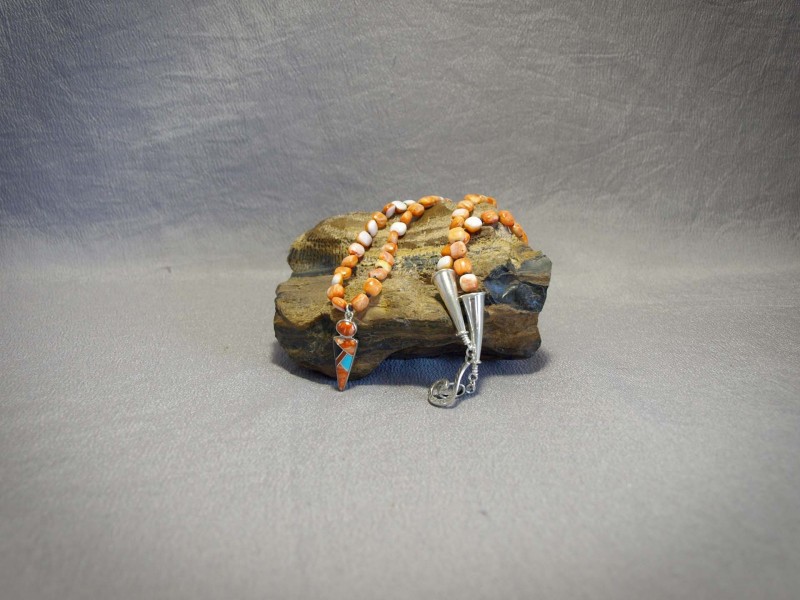 Single strand Necklace Square Orange Spiney Oyster, Matte black seed beads, small Inlay Pendent (Turquoise, Coral. Onyx, Orange Spiney Oyster), Sterling silver cones and clasp - 20 in & 1 in Pendent Necklace is $265.00