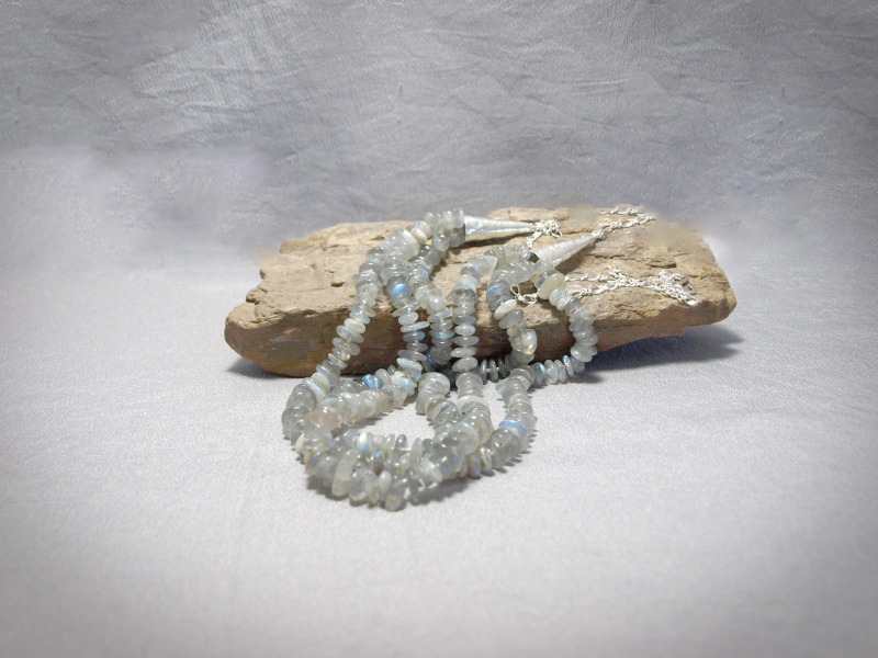 NC1116 - 3 strand necklace - Large Labradorite chips, Sterling silver cones, chain and clasp - adjustable 25 - 28 in - $250.00