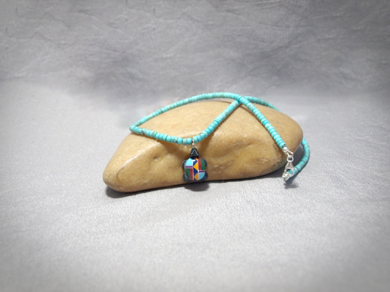 NC1117 - Single strand Necklace 4mm Blue Turquoise Rondel, Turtle and lobster claw - 19 in - $110.00