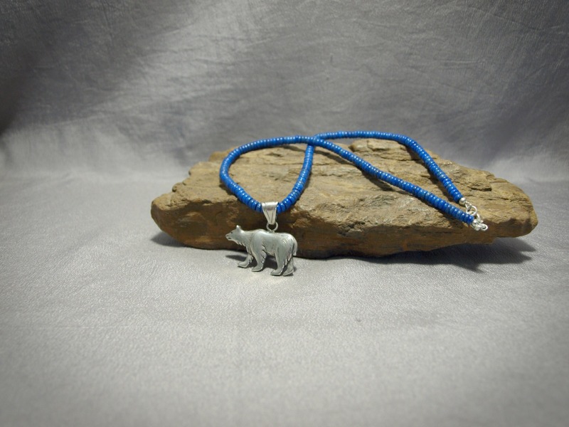 Single strand Small Rondel Lapis necklace with Sterling Silver bear pendent, & sterling silver lobster claw clasp - 18 in & 1.5 in pendent