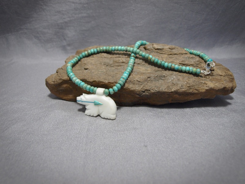 Single strand Rondell Turquoise necklace, white bear fetish pendent with sterling silver lobster claw - 19 in & 1 in pendent