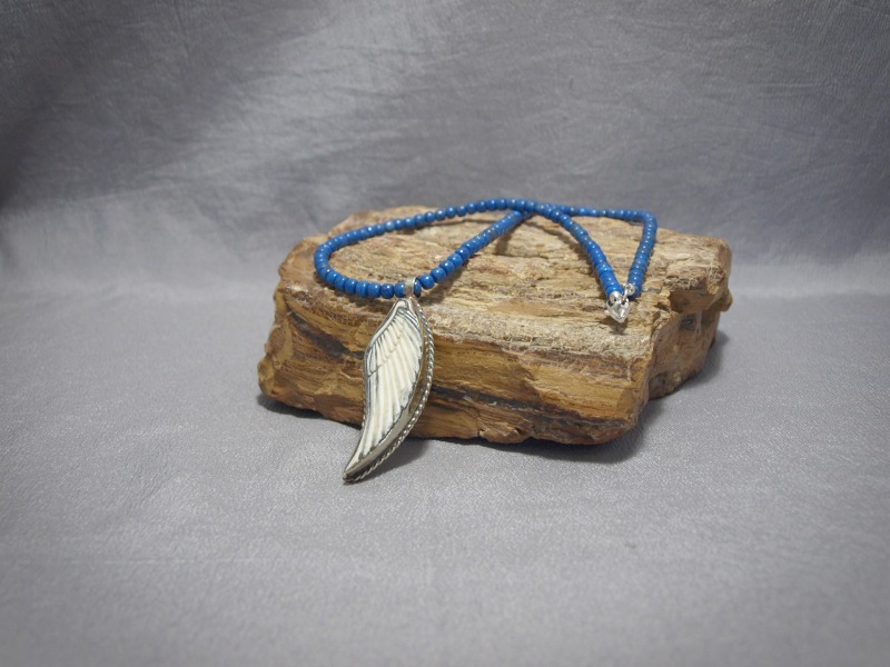 Single strand Small Barrel Lapis necklace with Sterling Silver wing pendent & sterling silver lobster claw clasp - 18.5 in & 2.5 in pendent