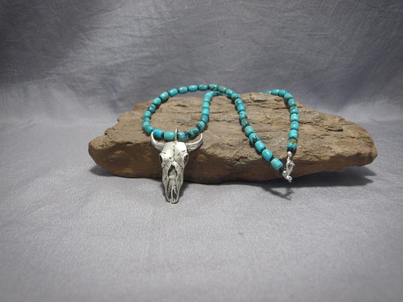 Single strand Large Barrel Turquoise, Matte Demi rounds, Sterling silver bull skull & Sterling silver lobster claw clasp - 19 in & 2 in pendent
