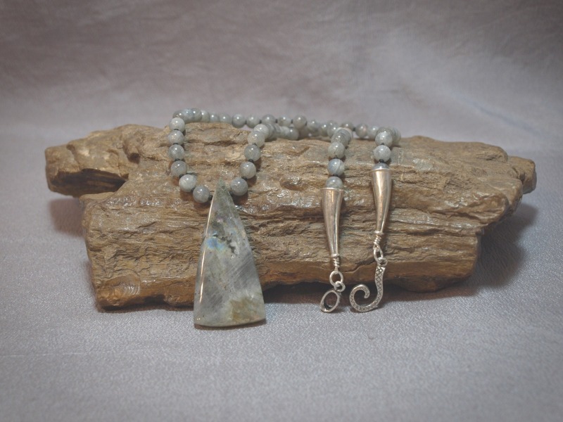 Single strand necklace 6mm round Purple Labradorite, Matte Demi rounds and Purple Labradorite pendent, sterling silver cones and clasp - 19 in Necklace is $150.00