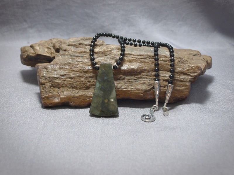 Single strand necklace 4mm round Black Tourmaline and Labradorite pendent, sterling silver cones and clasp - 19 in