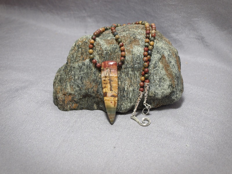 Single strand necklace 4mm Round Picture Jasper, black Demi rounds and Picture Jasper pendent, Sterling silver cones and clasp - 20.5 in