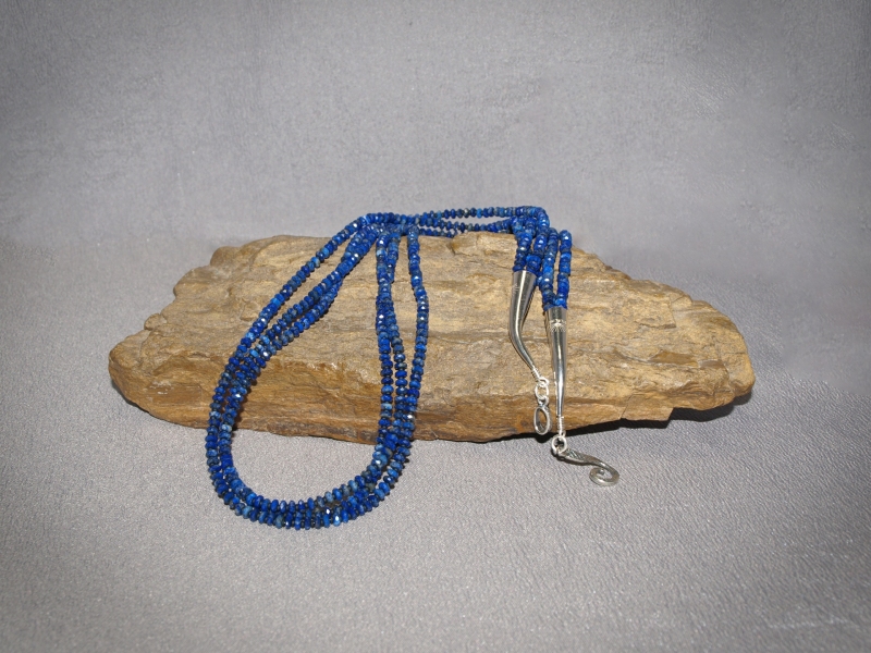 3 strand necklace 4mm Faceted Lapis Rondell's, Matte Demi rounds, sterling silver cones and clasp - 26 in