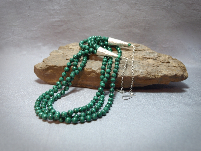3 stand 6 mm Round Malachite, Sterling silver cones, chain & clasp - adjusts 24in to 28 in Necklace is $245.00