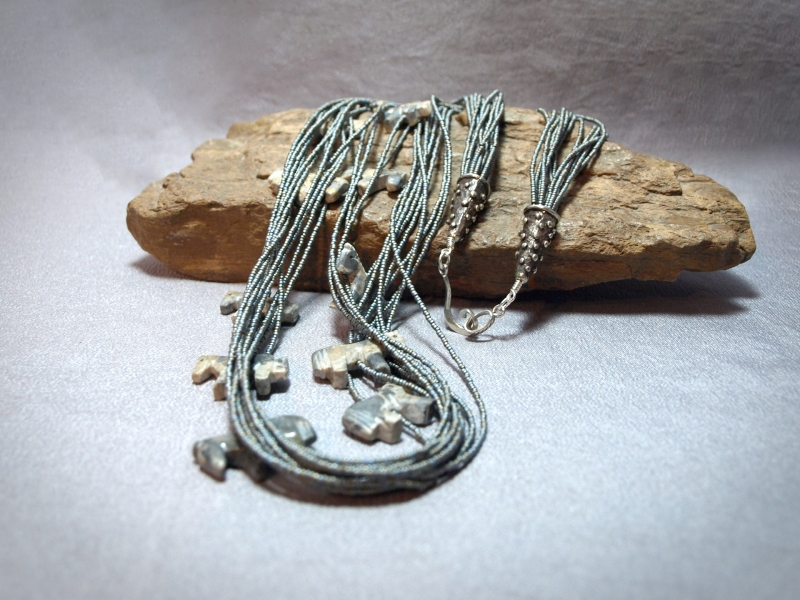 NC1109 - 12 strand Necklace Stone Horses and Picasso seed beads, White brass cones, Sterling silver clasp - 32 in